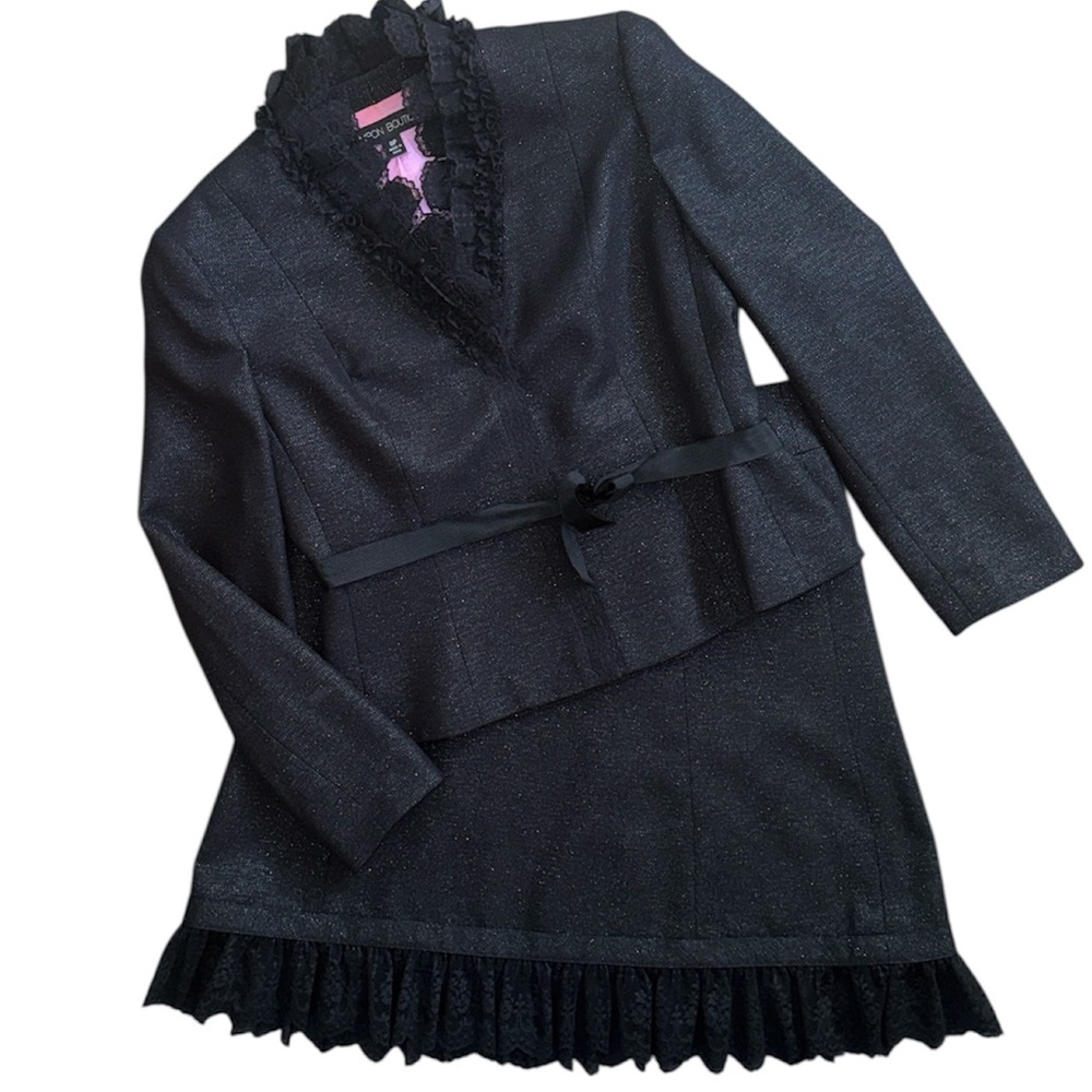 Black Silver Tweed & Lace Skirt Suit 8P